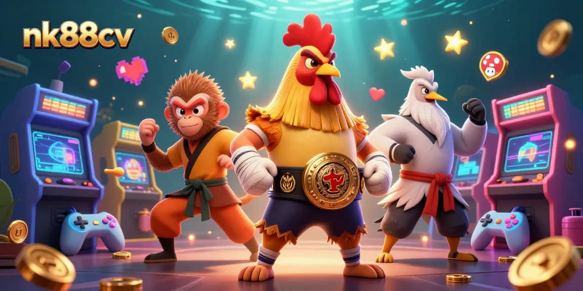 Experience excitement at nk88cv with a vibrant scene featuring dynamic gaming characters and colorful arcade elements.