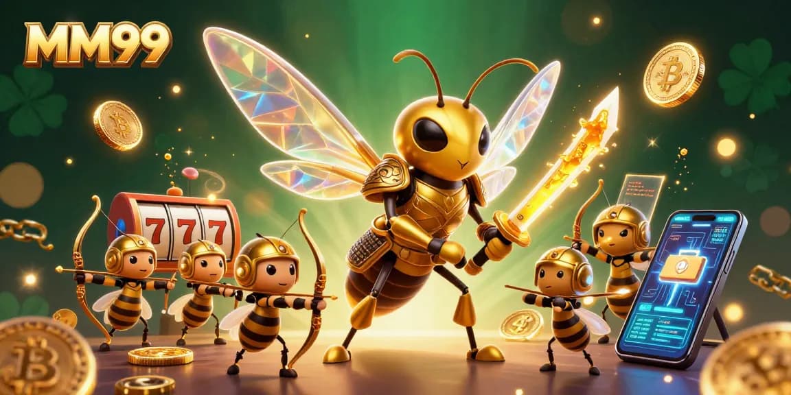 Experience thrilling wins at MM99 with a vibrant 3D illustration featuring a golden hornet in a dynamic casino setting.
