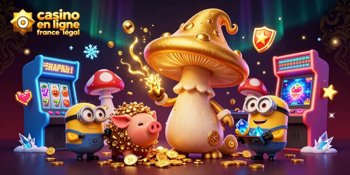L'illustration 3D montre un casino en ligne France légal avec un sorcier champignon, des machines de jeu et des pièces d'or.