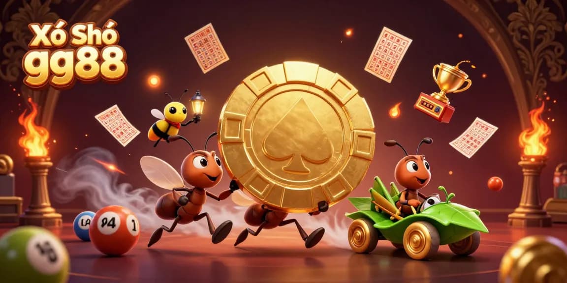 Xổ Số gg88 drawing excitement with ants and a firefly in a dynamic lottery heist scene.