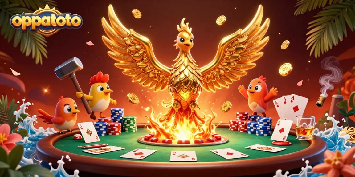 Experience the excitement of oppatoto as molten gold coins and phoenix soar over a poker table.