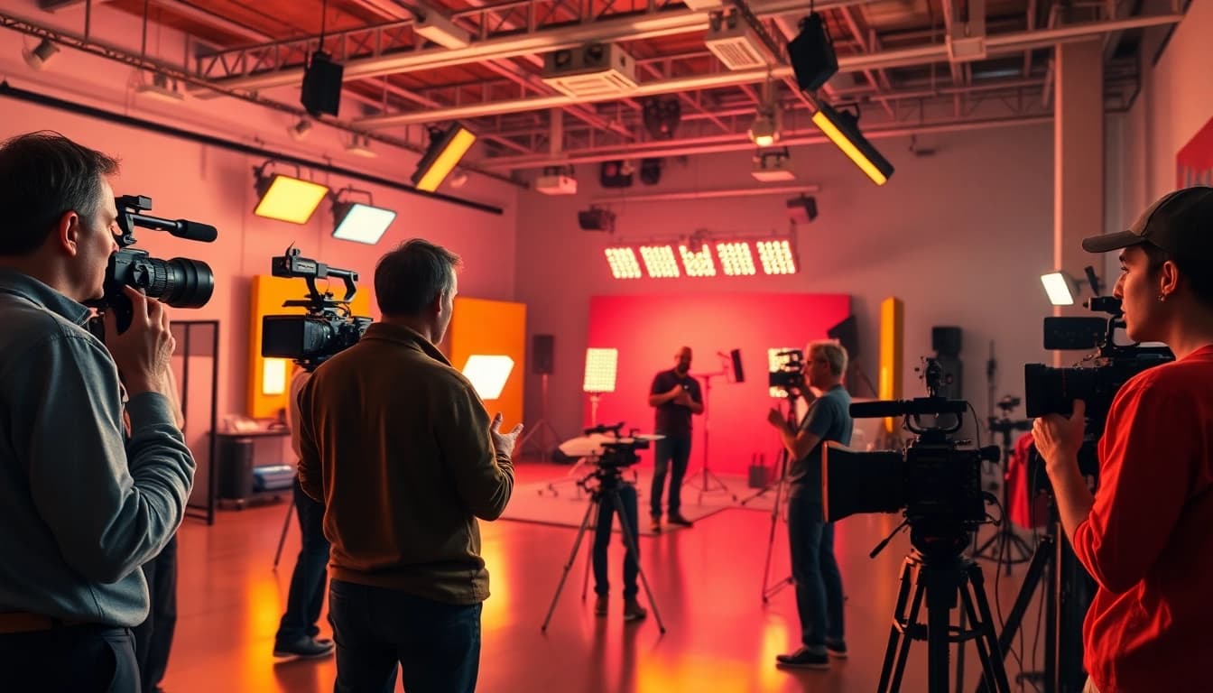 Edmonton production companies showcasing diverse film crew in a vibrant studio setting.