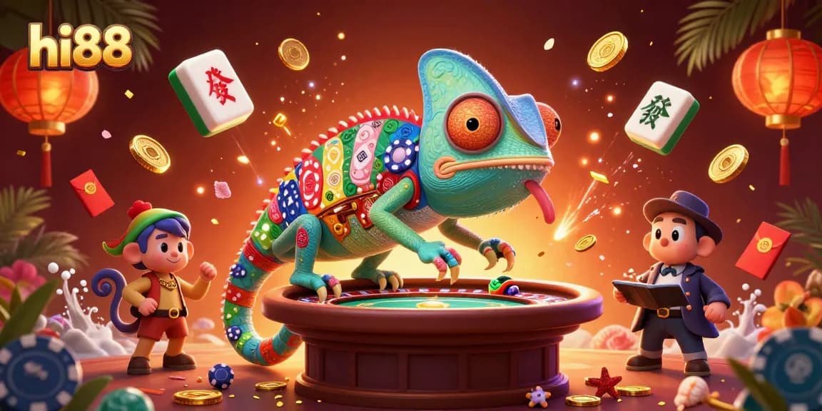 Engage in exciting gameplay at hi88 with a vibrant cartoon casino scene featuring a chameleon owner.