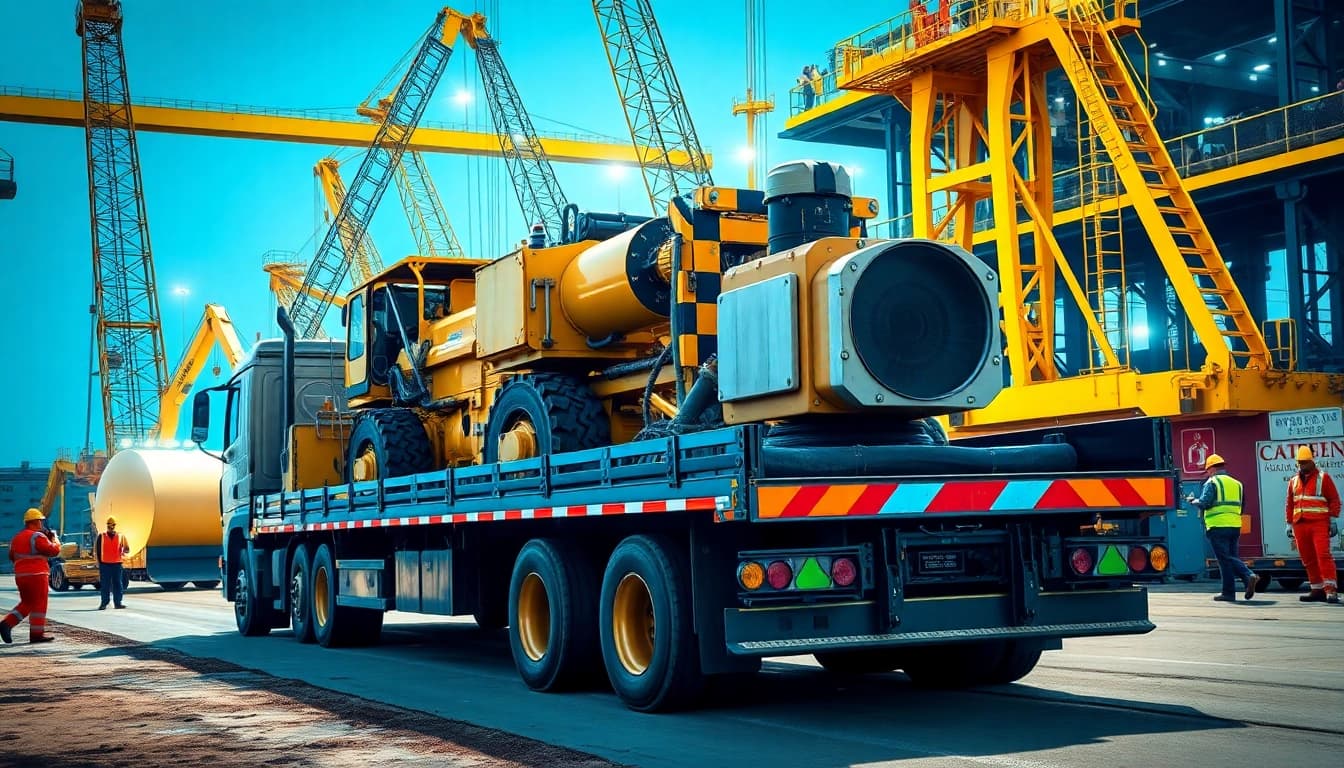 Heavy equipment hailing depicted through a busy construction site with machinery and trucks.
