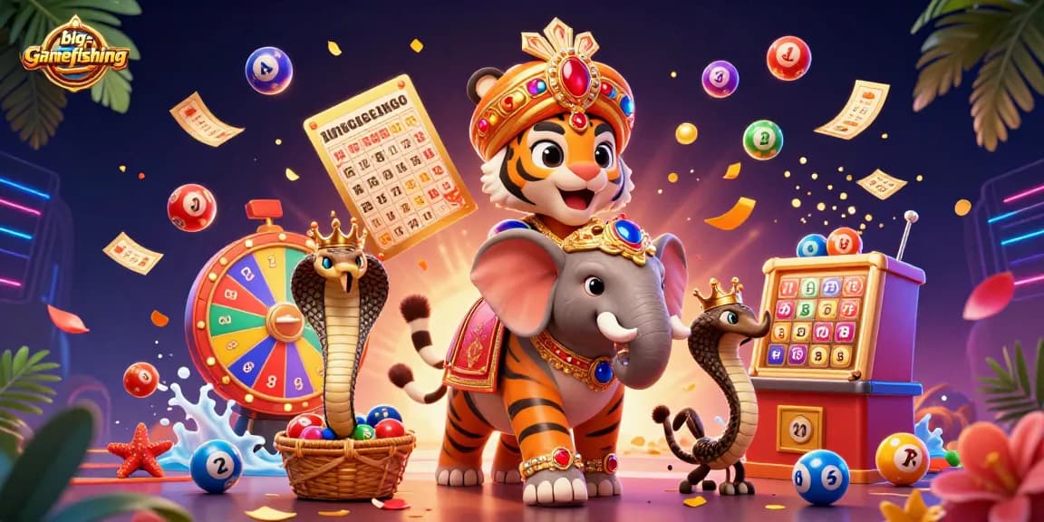 Engage in big-gamefishing excitement with a vibrant 3D illustration depicting a tiger, elephant, and cobra in a gambling scene.