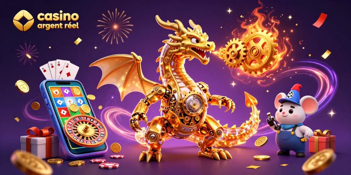 Découvrez l'univers du casino en ligne argent réel avec un dragon mécanique doré et un ingénieur souris