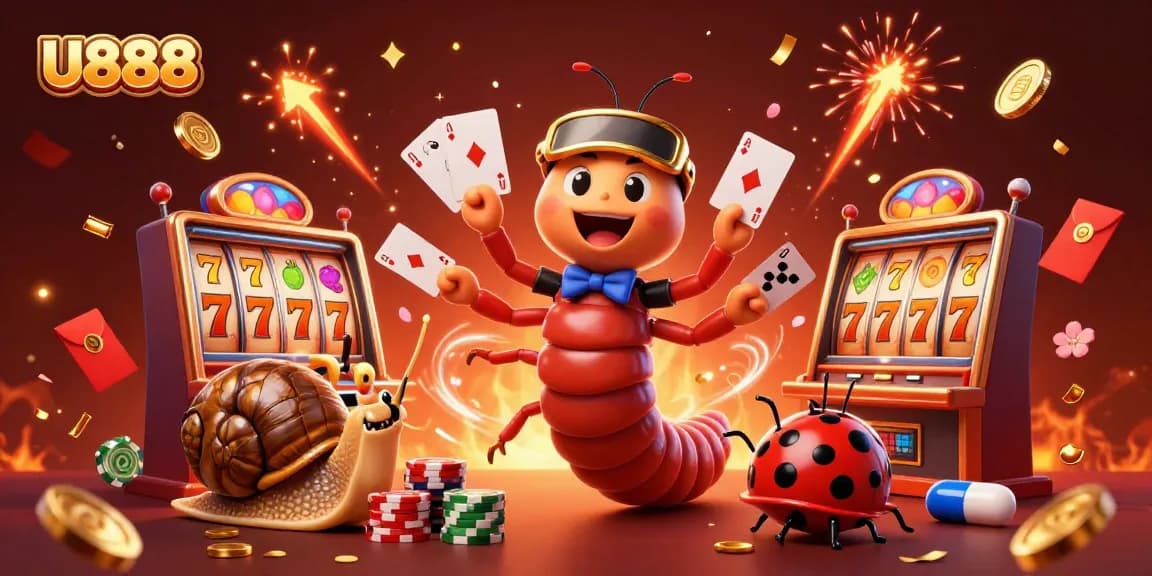Experience vibrant slot gaming at U888 with a unique cartoon scene showcasing dealers and lucky symbols.
