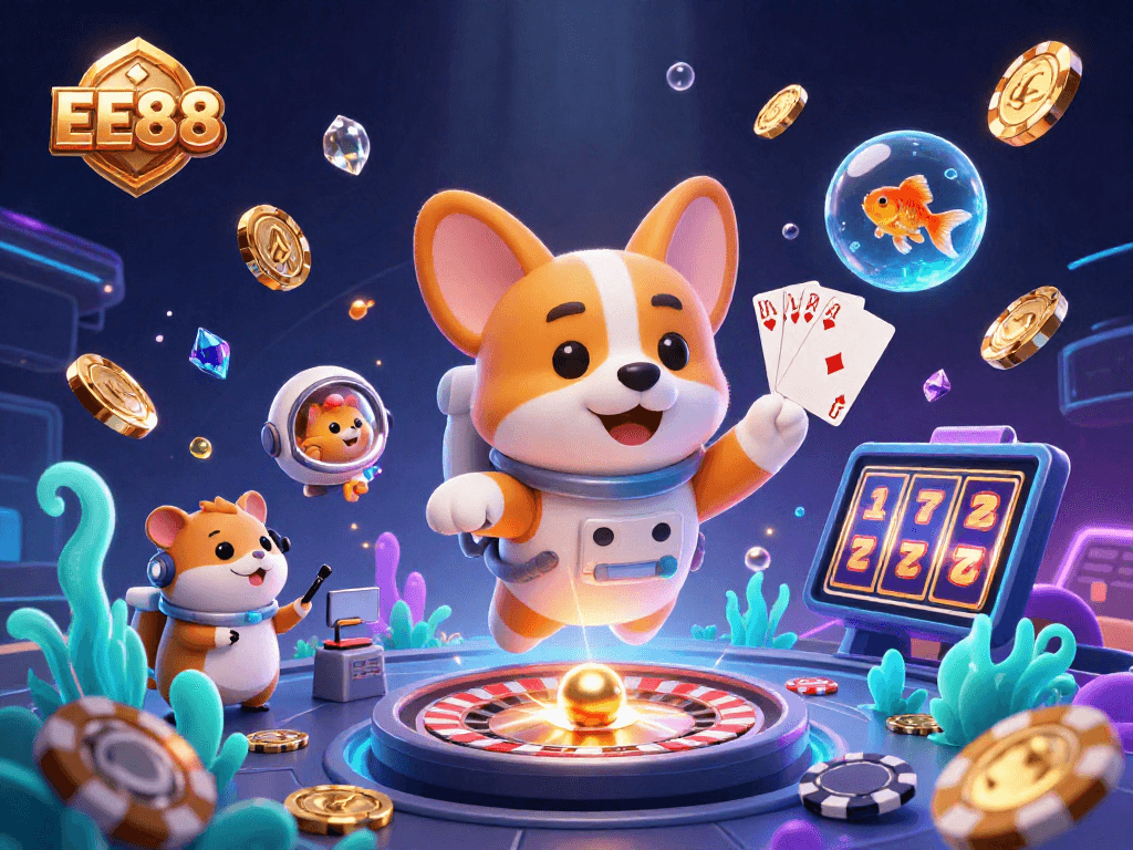 Spin and win at EE88 with a playful astronaut corgi and vibrant casino elements in a cosmic setting.