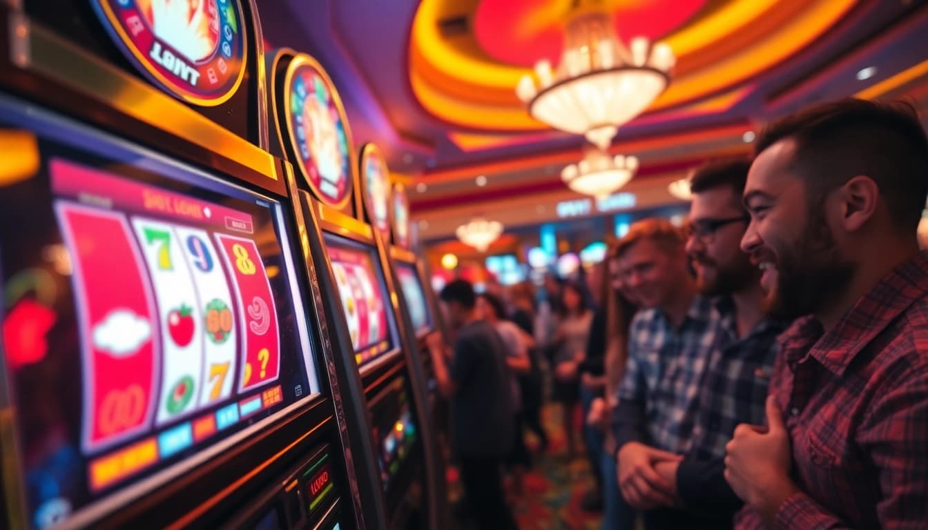 Exciting slot gambling experience with vibrant machines and enthusiastic players in a casino.