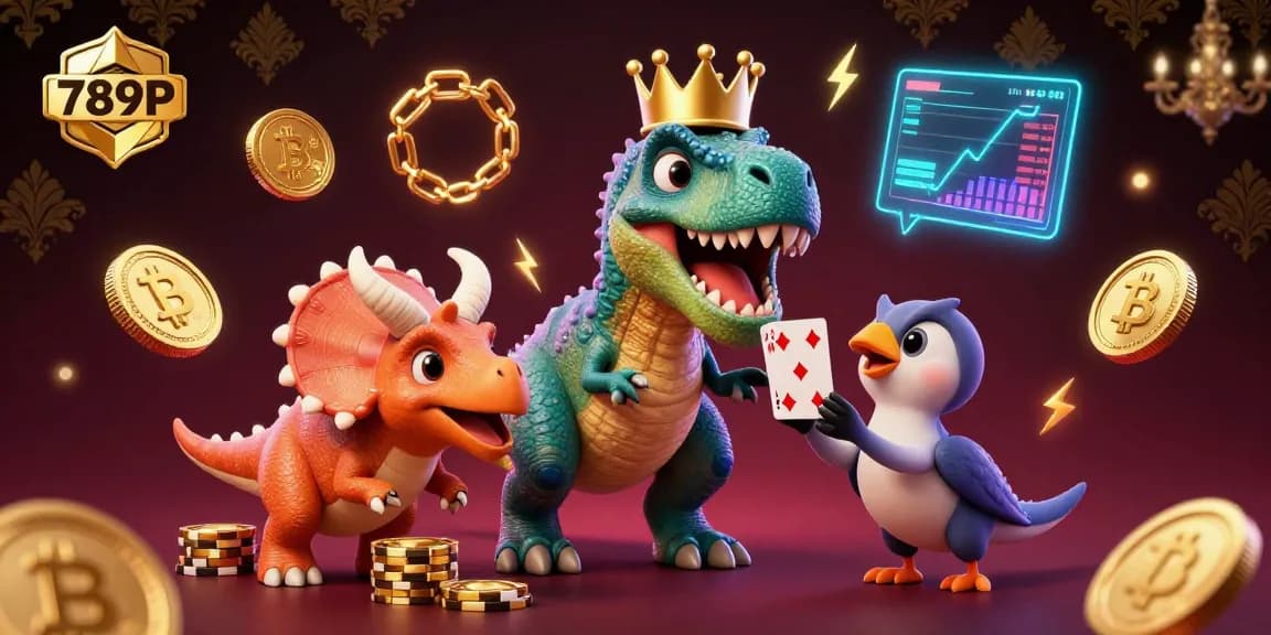 Immerse in the world of 789P with a playful T-Rex shuffling cards as friends stack chips, bringing excitement to online gaming.