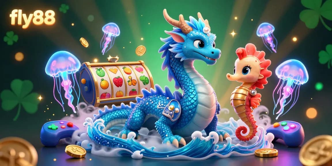 Experience thrilling gaming at fly88 with vibrant 3D illustrations of fantastical characters and casino elements.