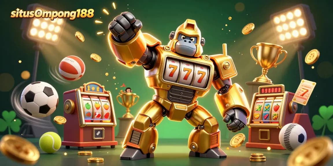 Gorila emas dan simbol slot di situs Ompong188 menampilkan aksi taruhan dinamis dalam permainan kasino.