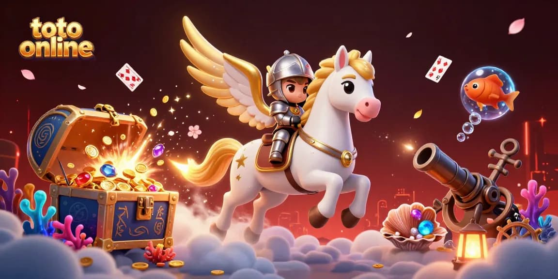 Menangkan permainan toto online dengan strategis menggunakan kuda putih bersayap dan kartu berbuih di latar belakang yang menawan