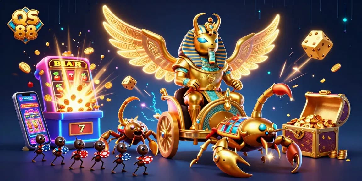 Engage with the vibrant world of QS 88 through its dynamic 3D casino-themed illustration featuring a colossal golden scarab beetle and lively game elements.