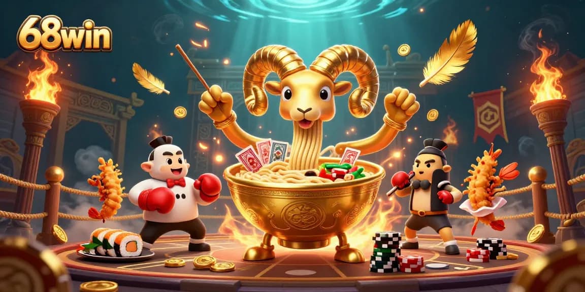 Engage with 68win's vibrant gaming scene featuring cartoon characters and dynamic casino elements.