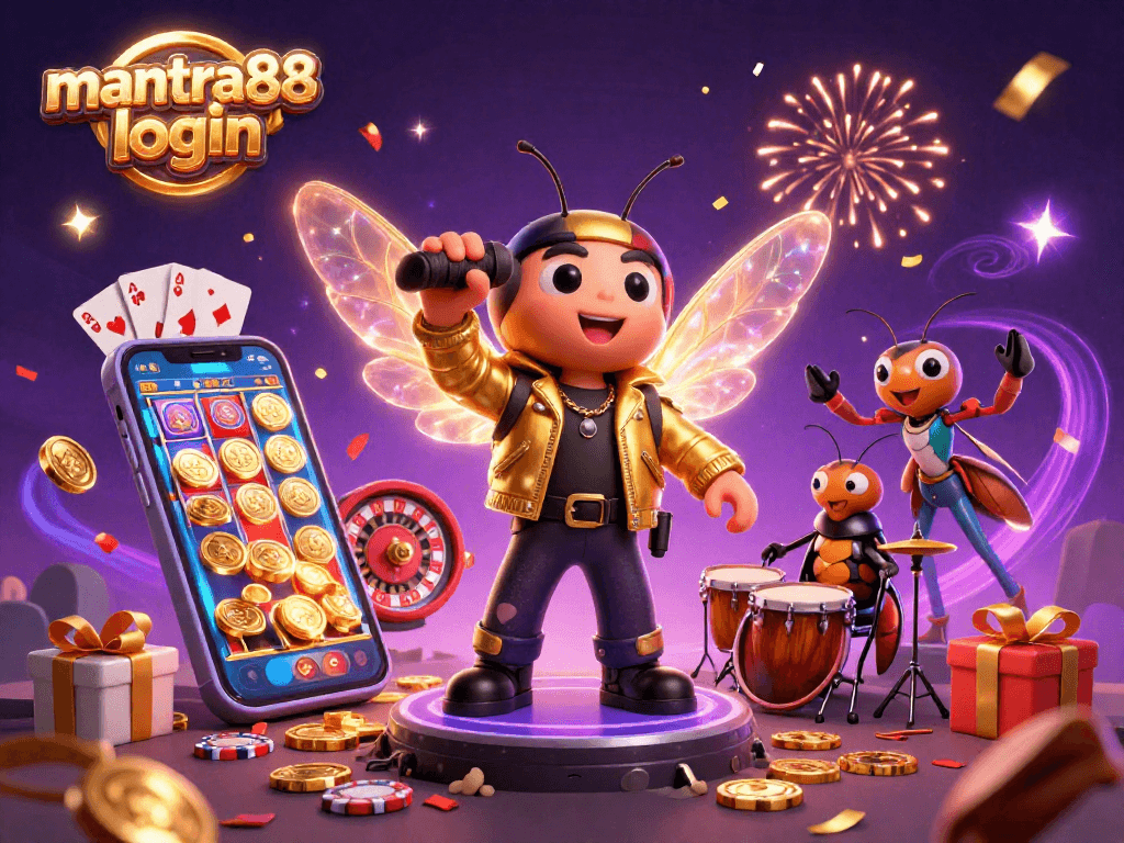 Experience thrilling gameplay with mantra88 login in this vibrant 3D casino illustration.