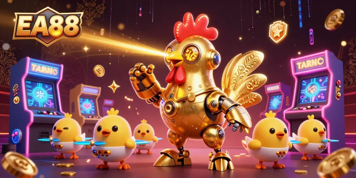 Experience the excitement of EA88 with a golden rooster robot and arcade game elements.