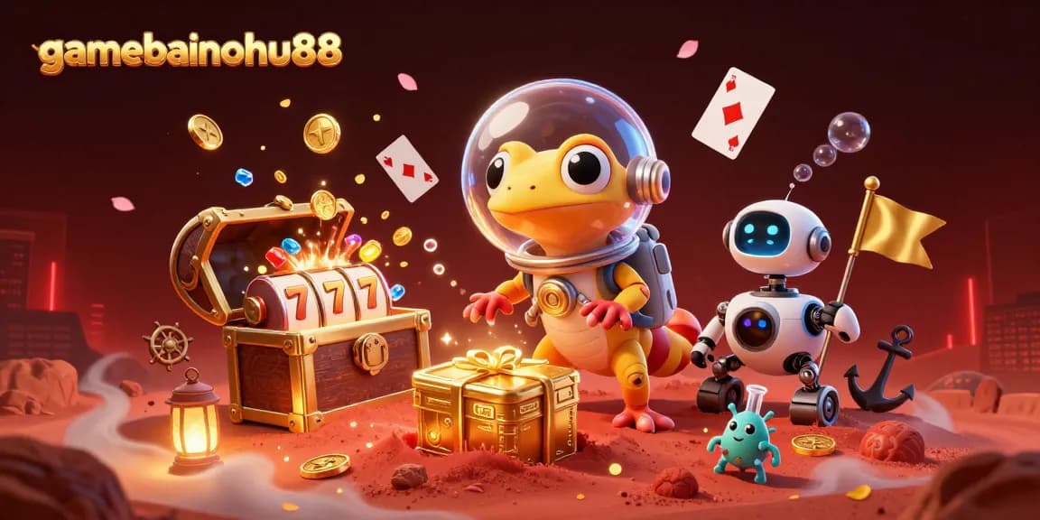 Play thrilling games at gamebainohu88 with colorful treasures and energetic characters celebrating wins.