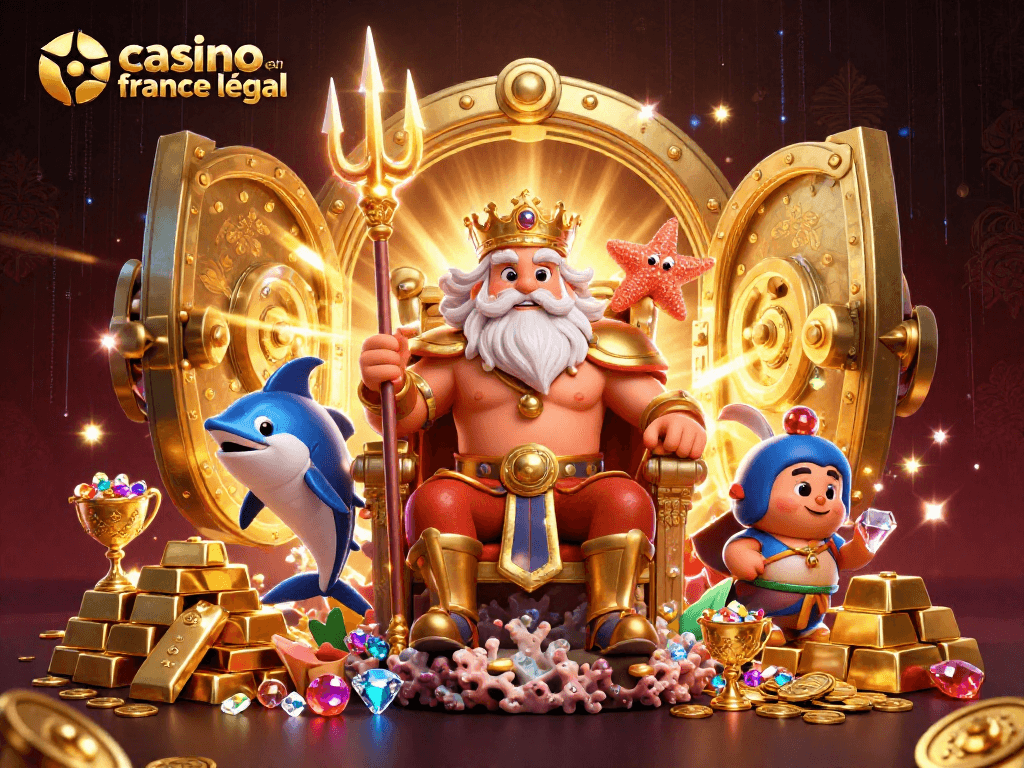 Jouez au casino en ligne France légal avec Neptune et trésors scintillants autour.