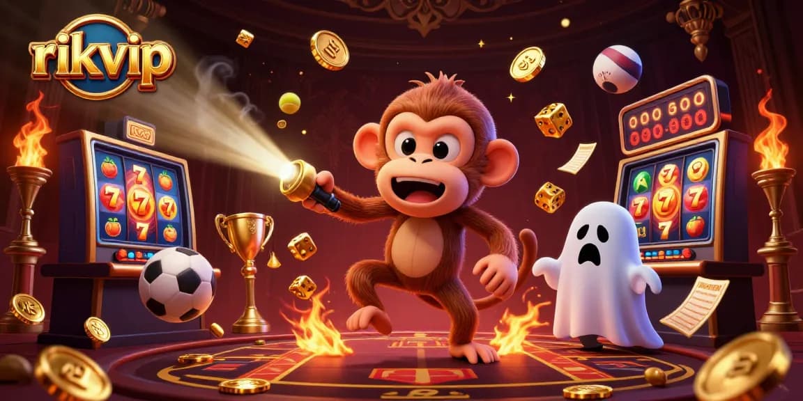 rikvip's playful casino scene features a ghost-hunter puppy and poltergeist monkey amidst spinning slot reels and golden coins.