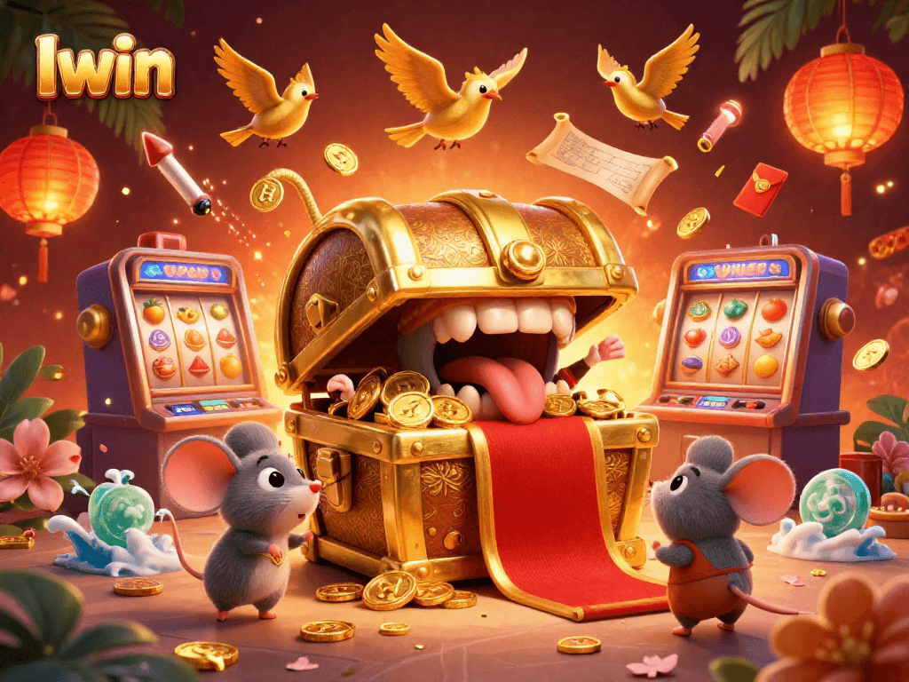 Iwin attracts gamblers with vibrant slot machines and treasure chest characters, showcasing rich rewards.