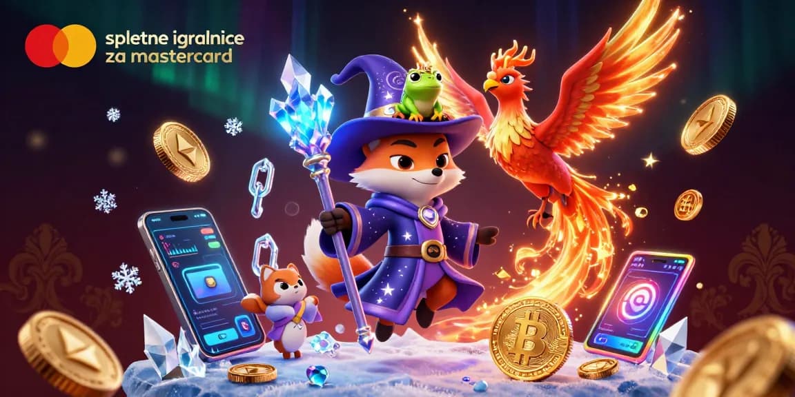 Spletne igralnice za mastercard ponujajo čarobno igro z bitcoin in ethereum elementi v 3D ilustraciji.