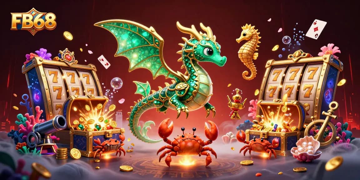 Experience thrilling jackpots and gaming excitement at FB68 illustrated with a vibrant sea dragon and dynamic casino elements.