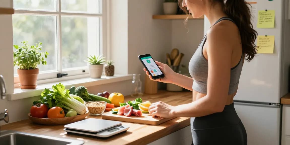 Healthy meal prep scene using the best nutrition app for tracking calories and macros.