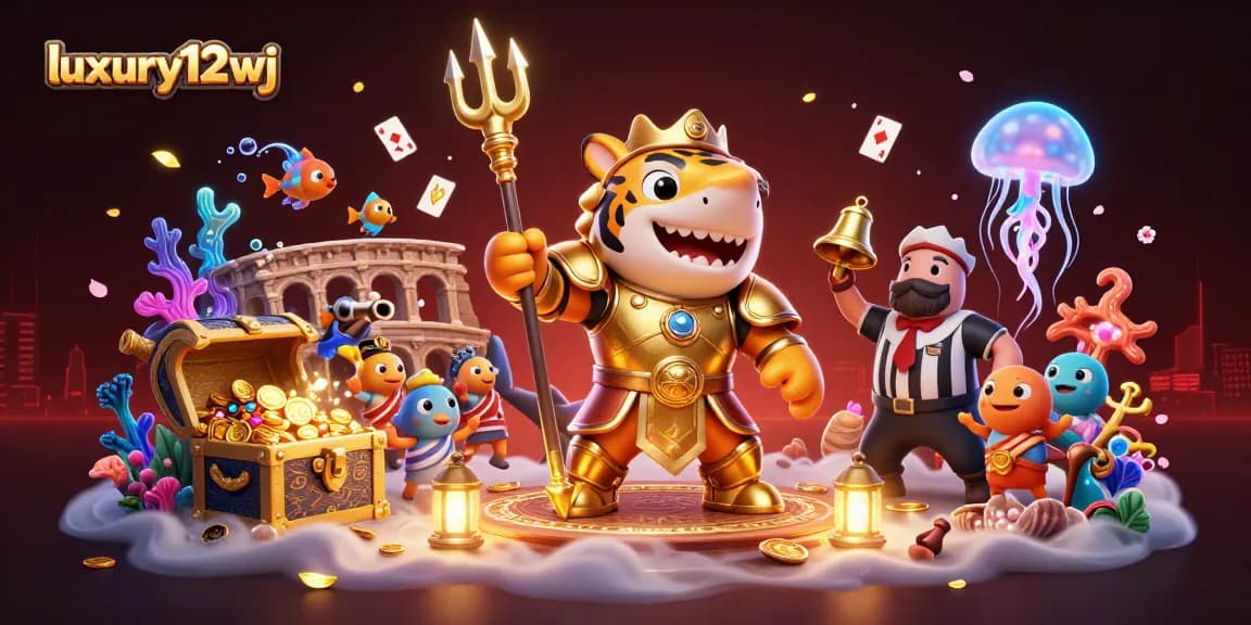 Play and win with luxury12wj in a vibrant 3D casino scene featuring a gladiator shark.