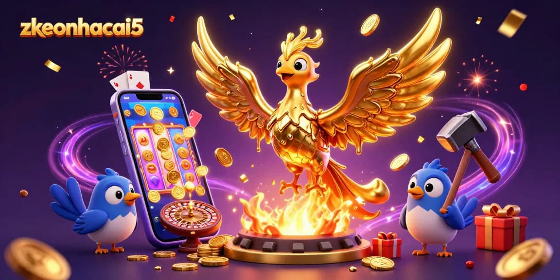 Experience the thrilling world of zkeonhacai5 with dynamic casino elements and a golden phoenix in action.
