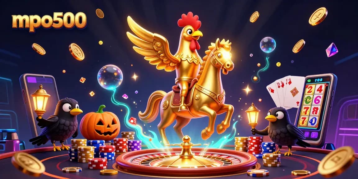 MPO500 brings vibrant luck in a casino scene filled with golden coins and cards, evoking excitement.
