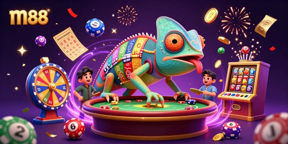 Engage with m88's colorful casino scene featuring a dynamic chameleon owner amidst lottery balls and confetti.
