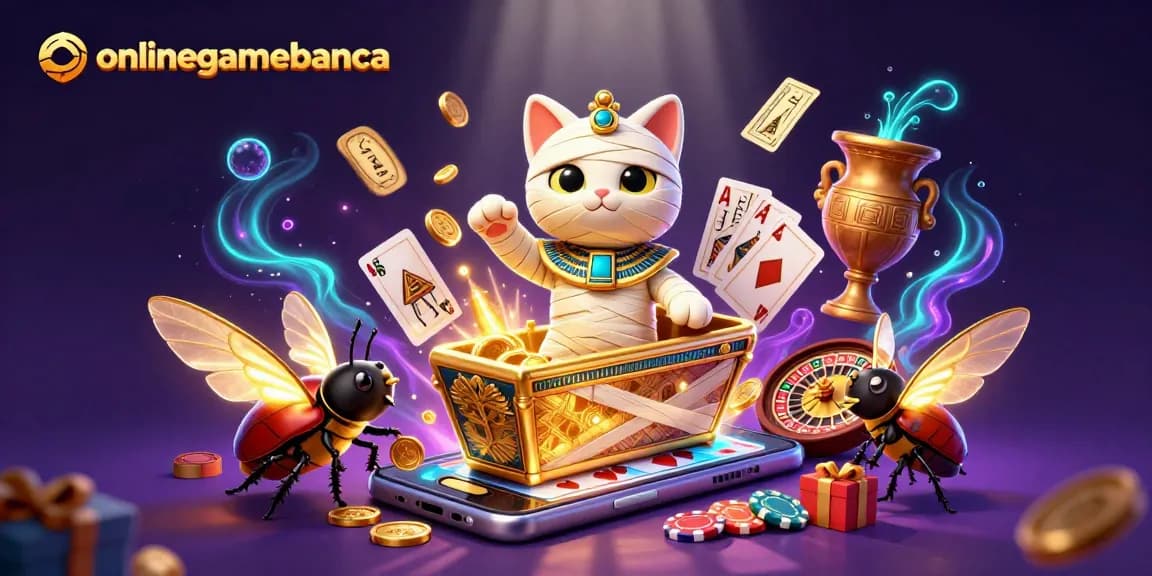 Experience thrilling wins at onlinegamebanca with a vibrant casino scene featuring a mummy cat and golden coins.