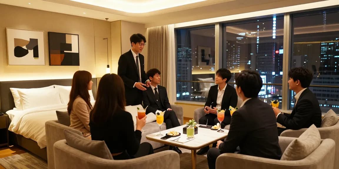 강남 구구단의 고급스러운 프라이빗 룸에서 손님을 맞이하는 모습