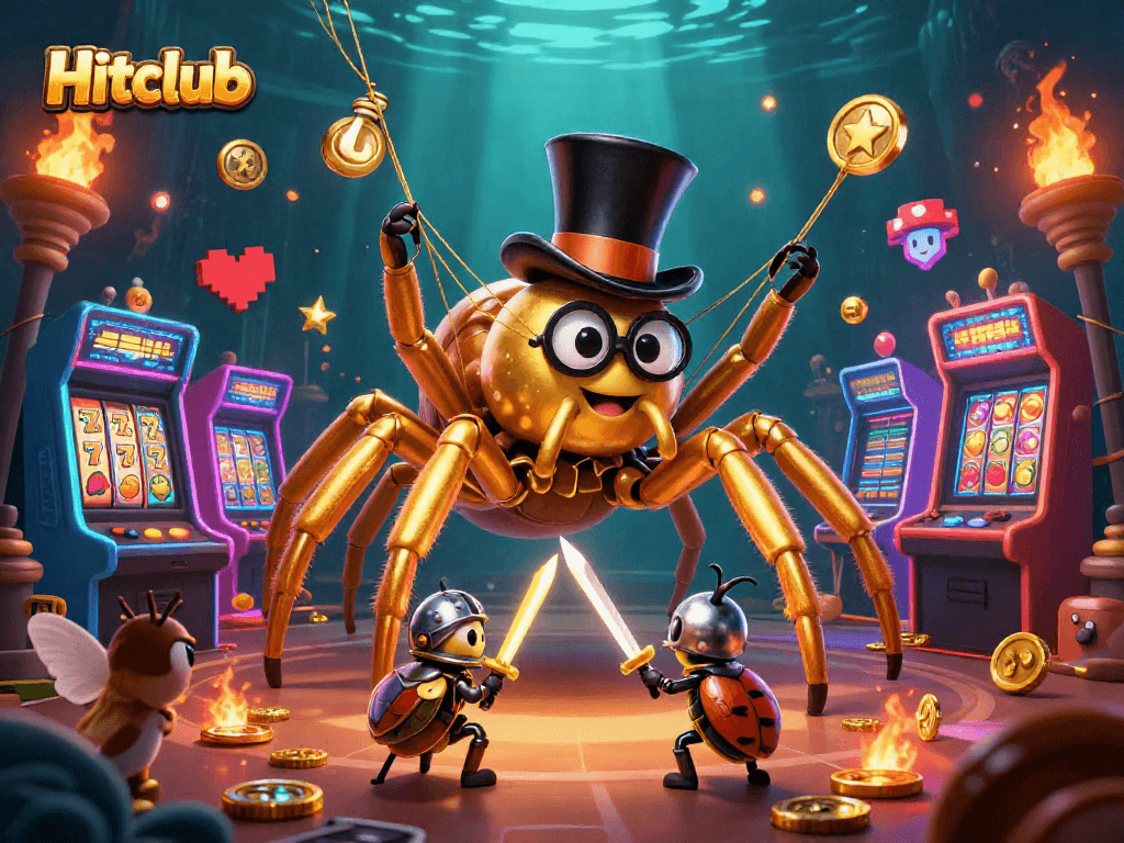 Hitclub showcases a golden tarantula weaving a web of slots in a dynamic casino scene.