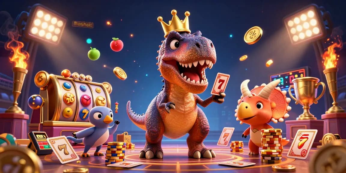 Experience mashoki gaming excitement as T-Rex plays slots with friends in a vibrant casino scene.