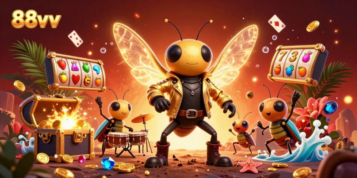 Experience thrilling gaming action with 88vv’s vibrant casino adventure featuring a rock star cicada amidst golden treasures.