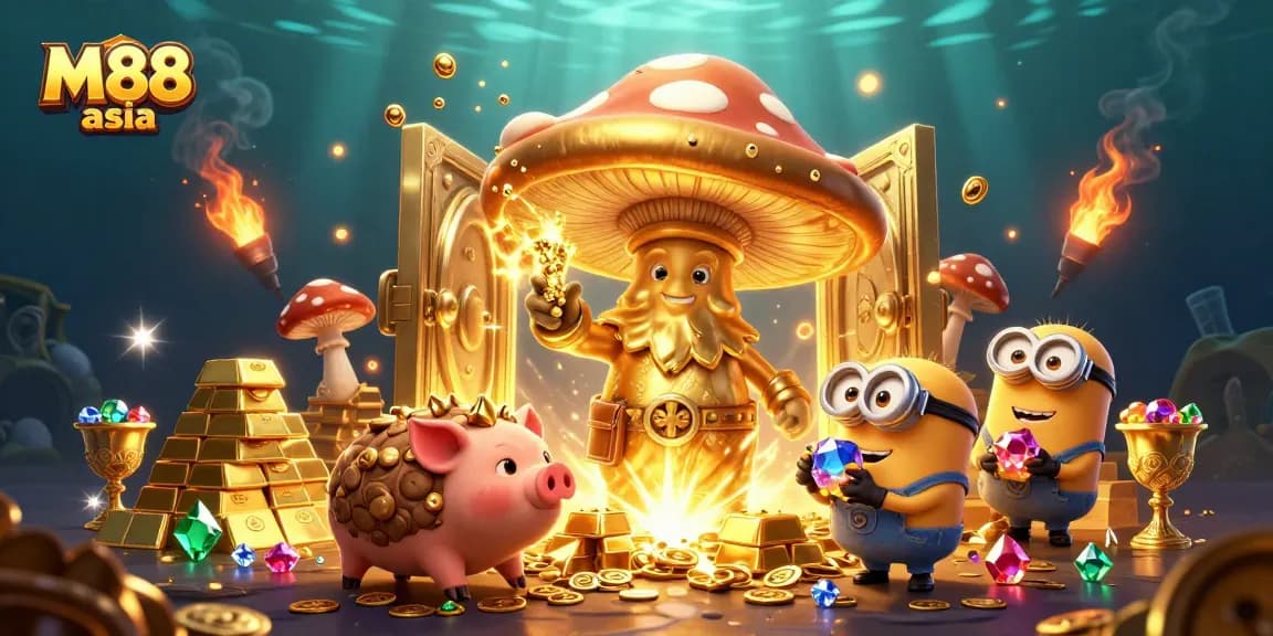 Engage in thrilling gaming with M88 asia, showcasing a magical casino scene filled with treasure.
