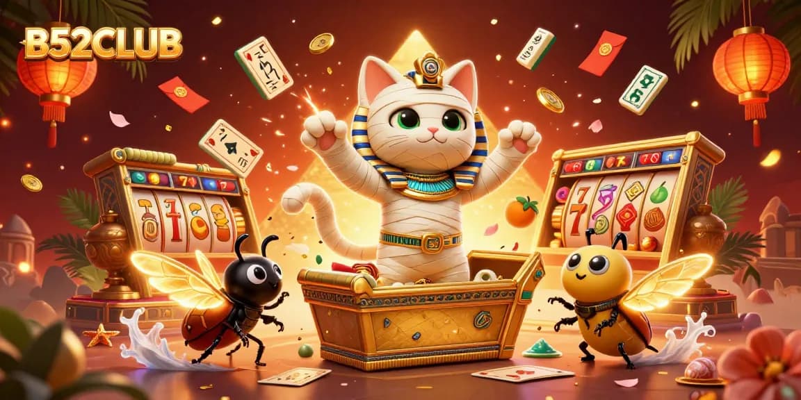 Experience the thrill of B52CLUB in a vibrant casino scene featuring a mummy cat, scarab, and floating symbols.