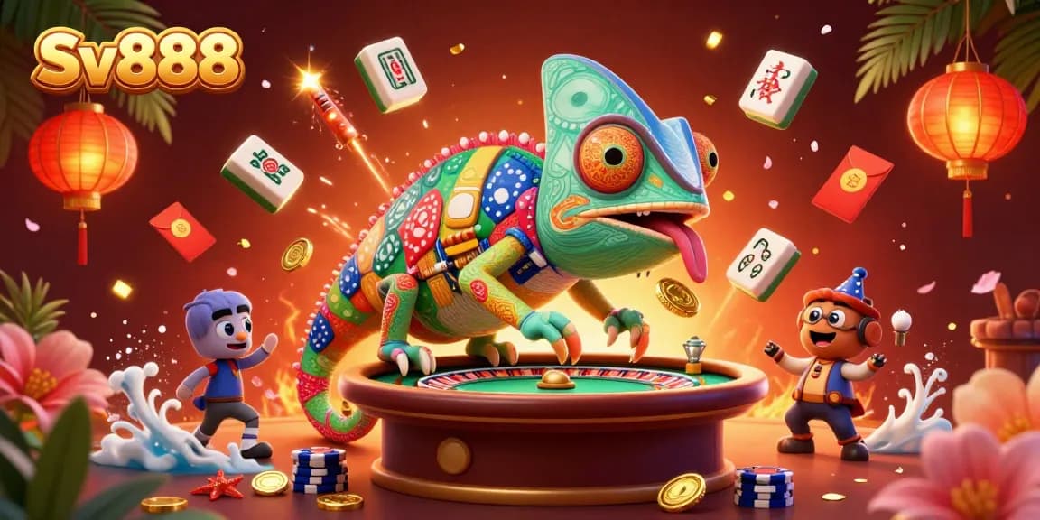 Experience thrilling gaming at Sv888 with an extravagant 3D chameleon casino owner amidst dynamic casino elements.
