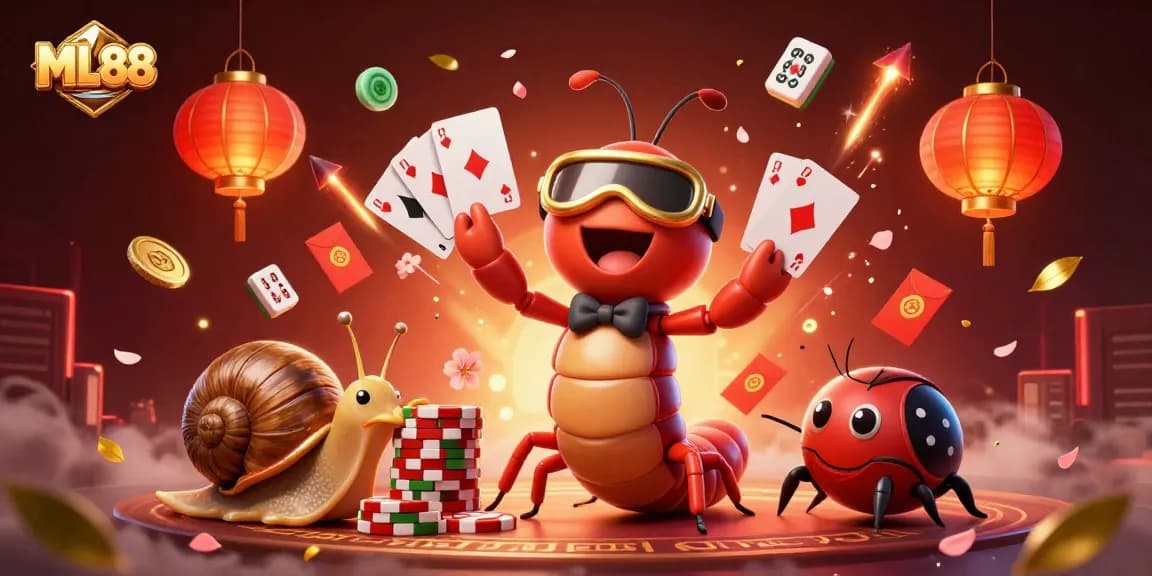 Experience thrilling gameplay at ML88 with a colorful 3D casino scene featuring a millipede dealer, exciting cards, and vibrant decorations.