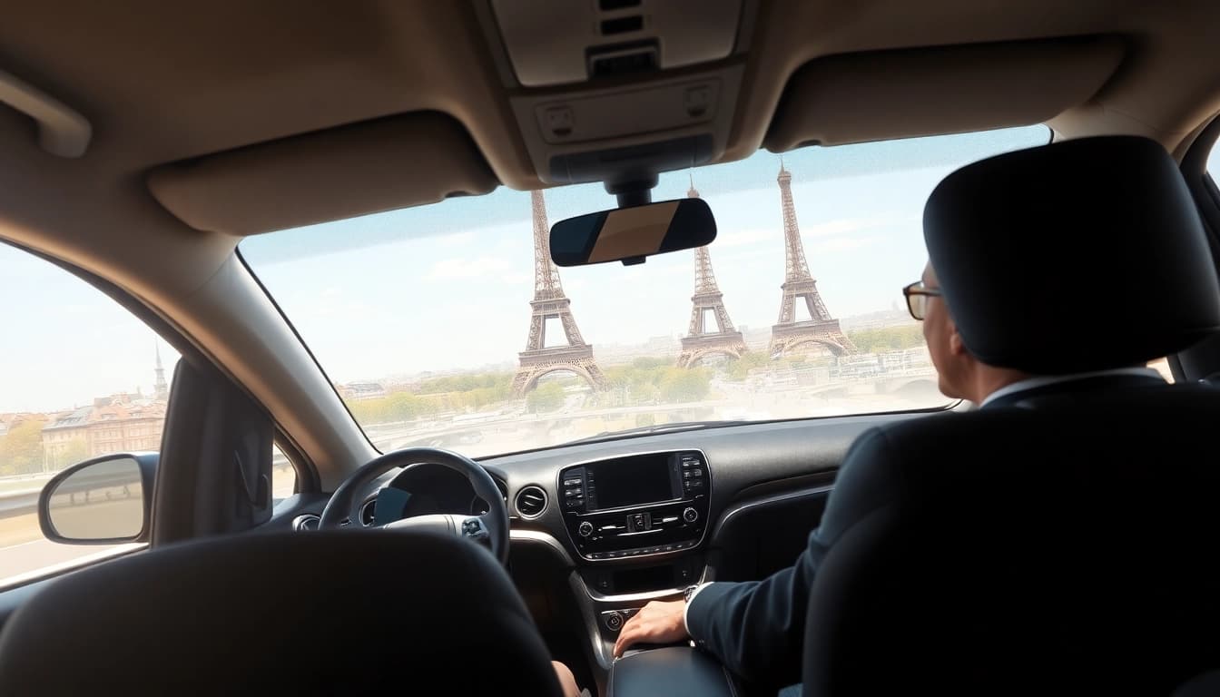 Experience seamless Orly Airport to Paris Transfer in a professional vehicle against the Paris skyline.