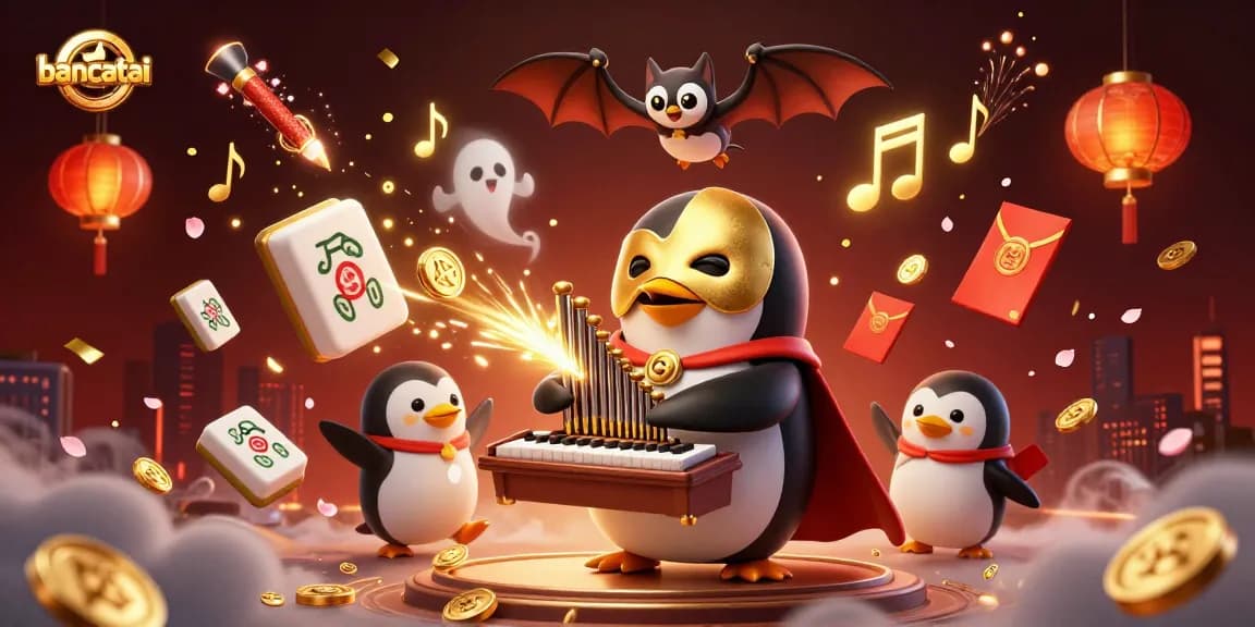 Engage with bancatai through an exciting casino scene featuring a whimsical penguin and magical elements.