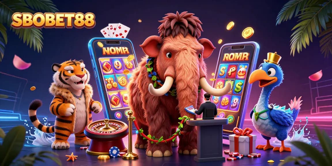 SBOBET88 menghadirkan suasana kasino dengan mamoth pengaman, harimau VIP, dan burung dodo sebagai penjaga pintu yang memeriksa identitas.