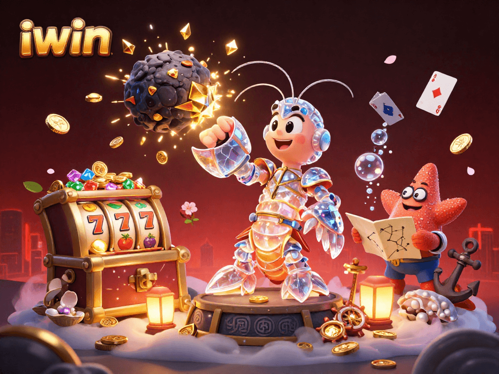 A dynamic scene showcasing the iwin experience with a galactic samurai mantis shrimp in a casino setting bursting gold gems and coins.
