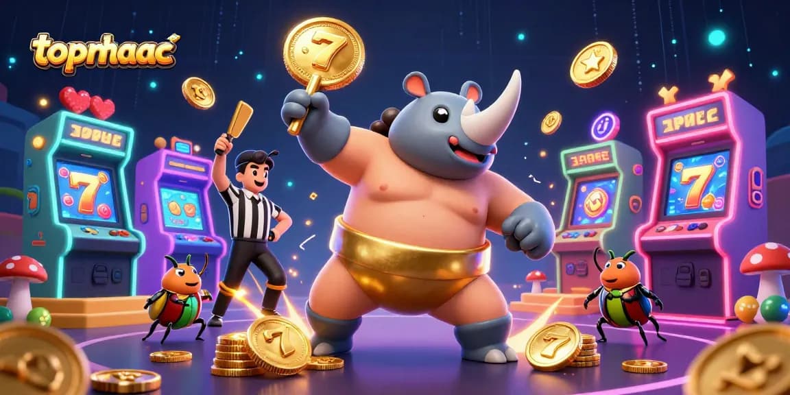 topnhacaimoi showcases a dynamic 3D casino scene with beetle characters and slot game elements.