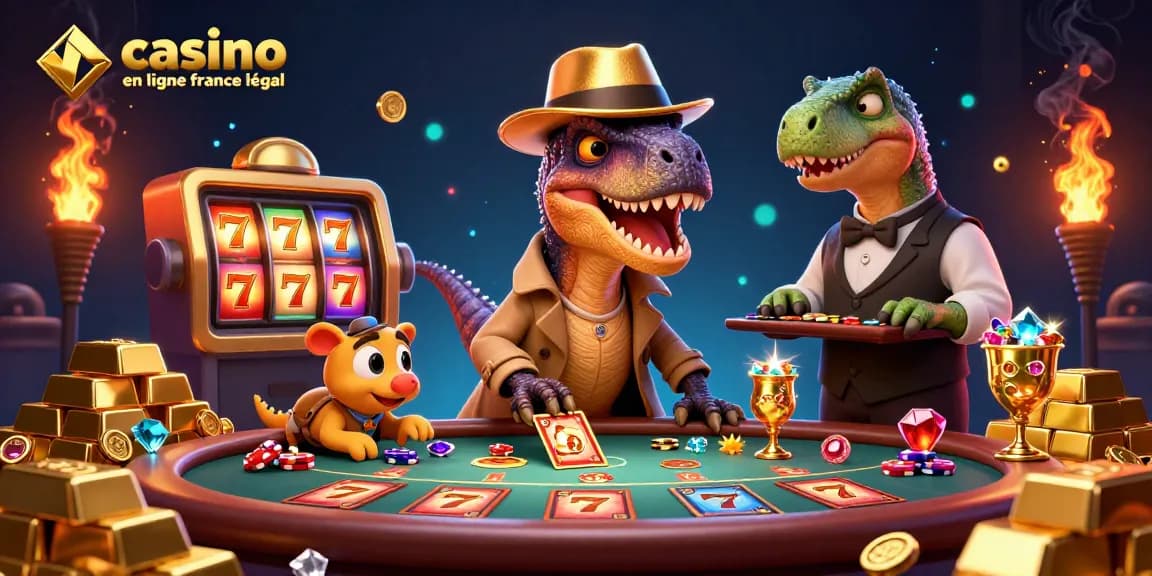 Illustration d'un velociraptor comptant les cartes jouant au blackjack dans un casino en ligne France légal, avec des éléments de jeu brillants.