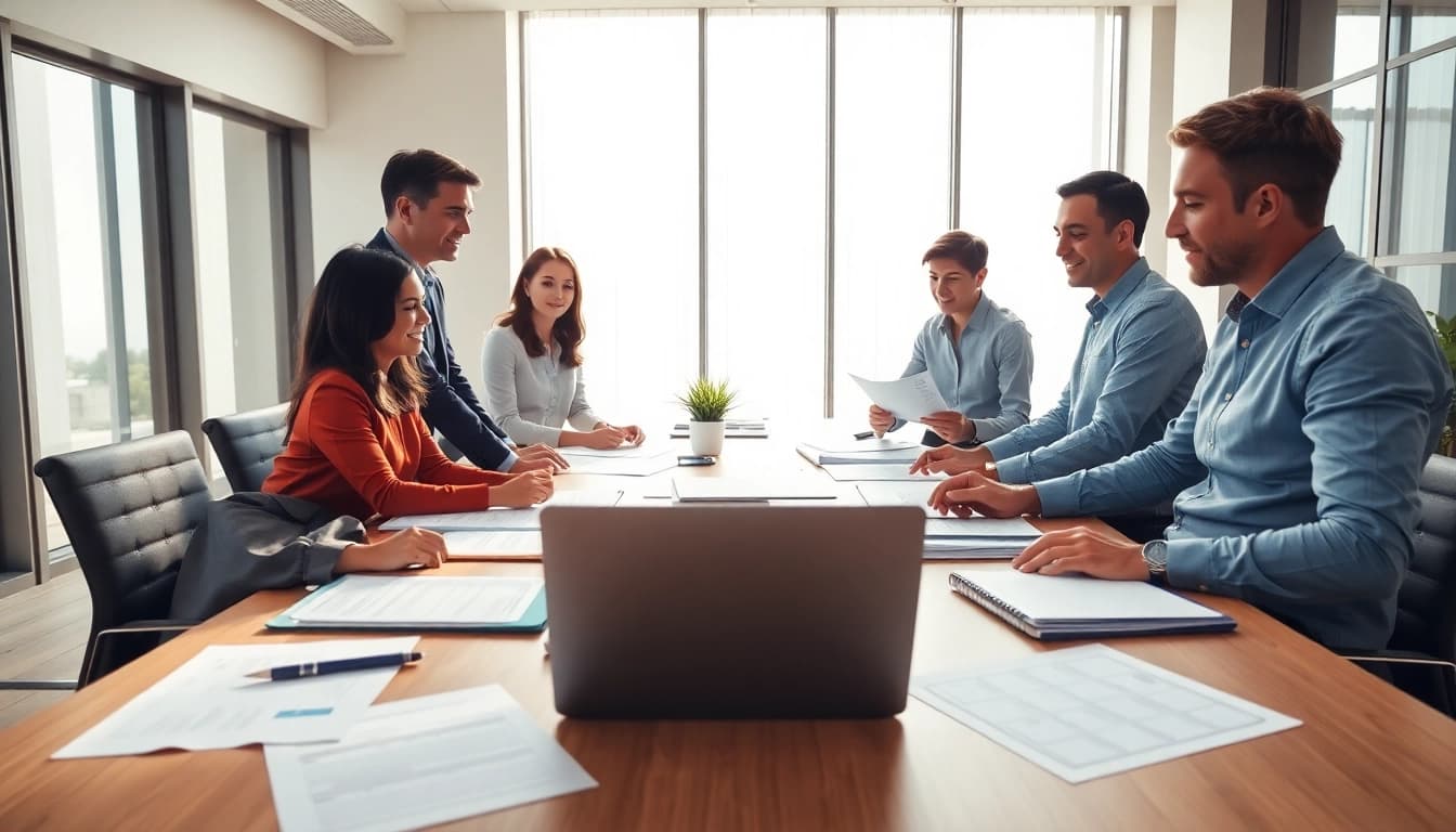 Collaborative team working on post-award compliance management tasks in a vibrant office setting.