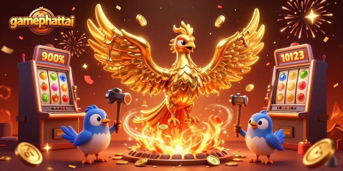 Experience gamephattai's thrilling jackpot moments with a golden phoenix amidst vibrant slot gaming symbols.