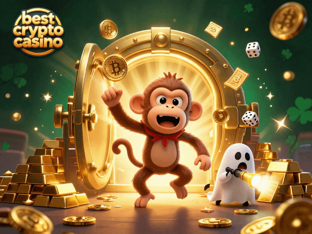 Profitez du meilleur casino crypto avec une scène dynamique de jeux et d'or scintillant.